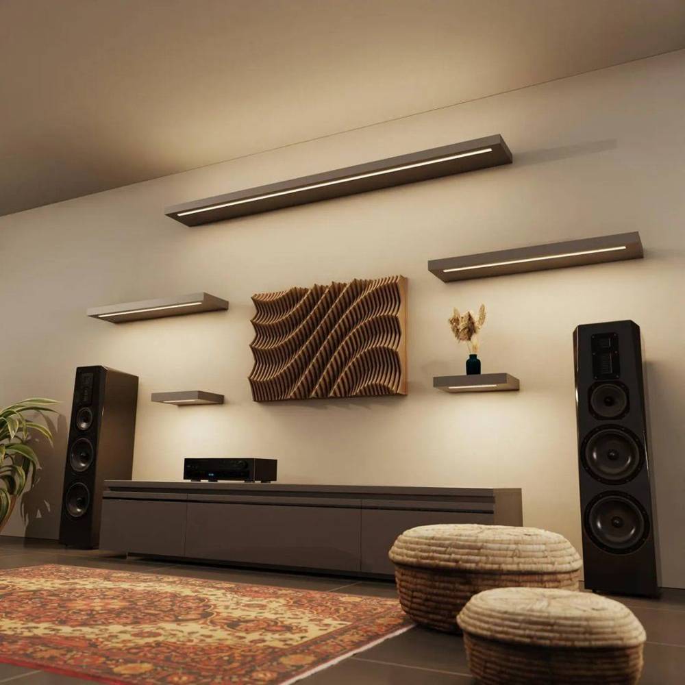 Sculpted acoustic art panel in a listening room