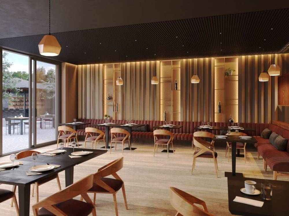 Restaurant dining room with acoustic slat wall and ceiling
