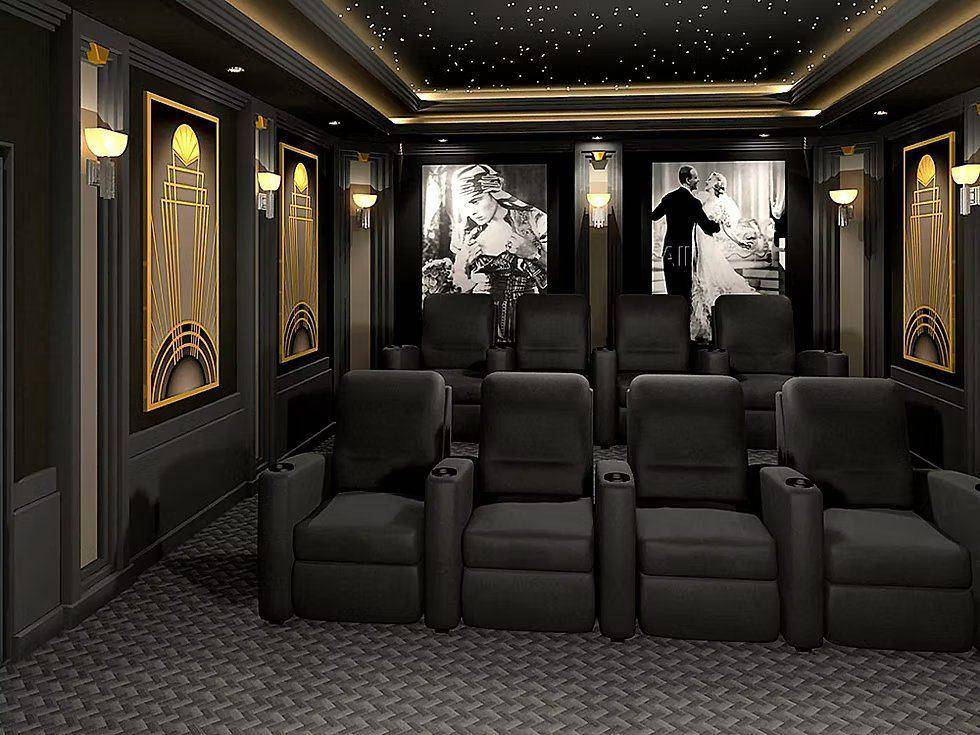 Home theater with decorative acoustic wall panels